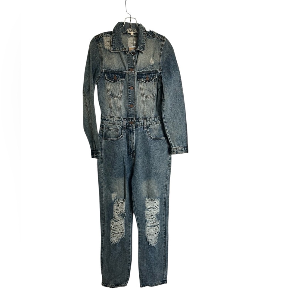 Denim Distressed Utility Jumpsuit - Blue CB with tags